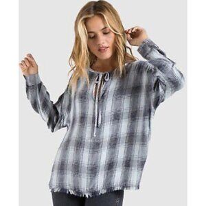 ANTHROPOLOGIE CLOTH & STONE Icey Blue Plaid Popover Tie-Neck Raw Hem Blouse S